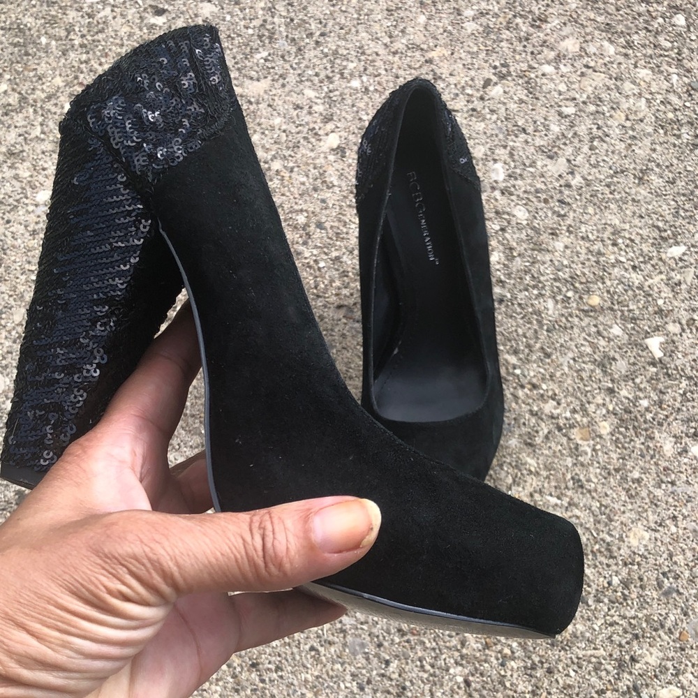 BCBG suede and sequin platform pumps